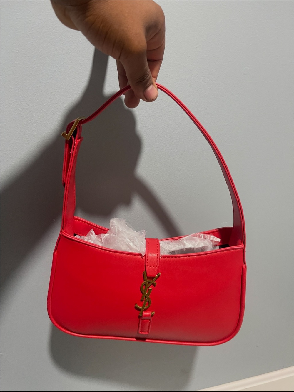 Yves Saint Laurent Bold Red Leather Shoulder Bag with Gold YSL Logo